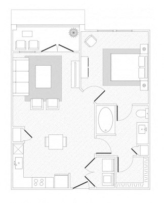 Floor plan for 1 bed, 1 bath, 719 sqft